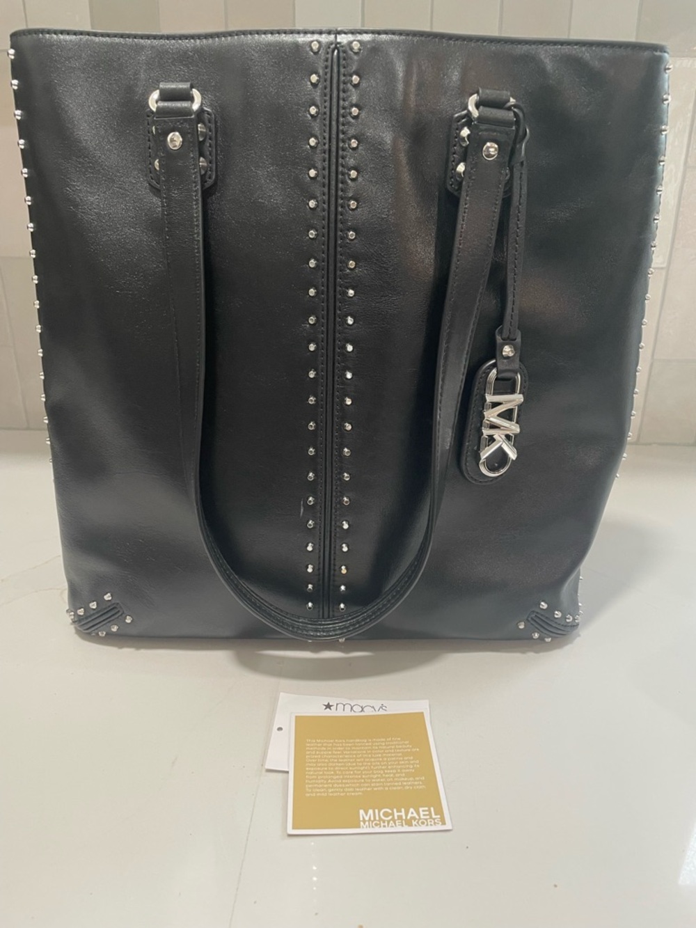 Michael Kors Black Leather Studded Tote with MK Charm - Picture 2 of 3